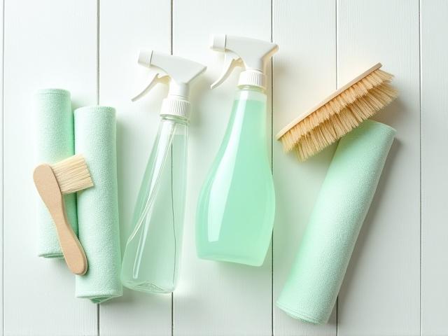 Artistic arrangement of eco-friendly cleaning bottles and reusable cloths